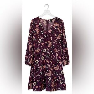 Ann Taylor NWT Purple Floral long Sleeve Ruffle Midi Dress Size 14